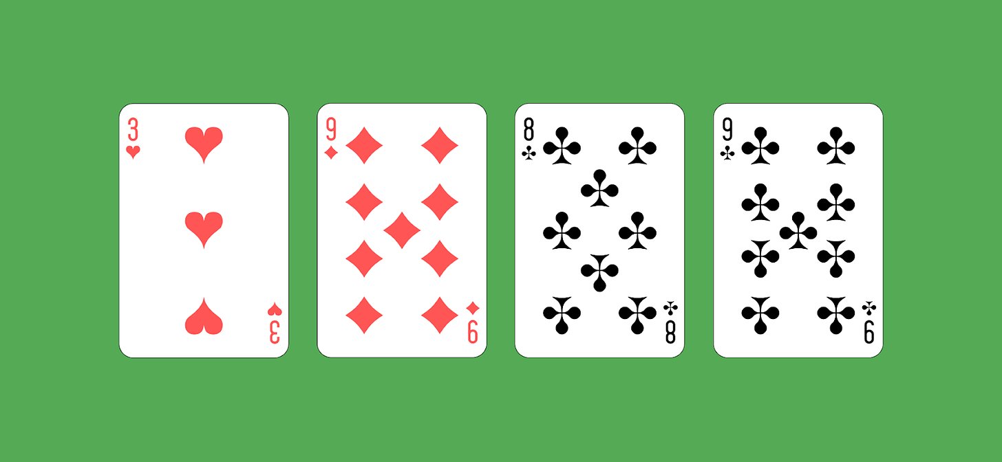 A set of four cards - a 3, a 9, an 8, and another 9.