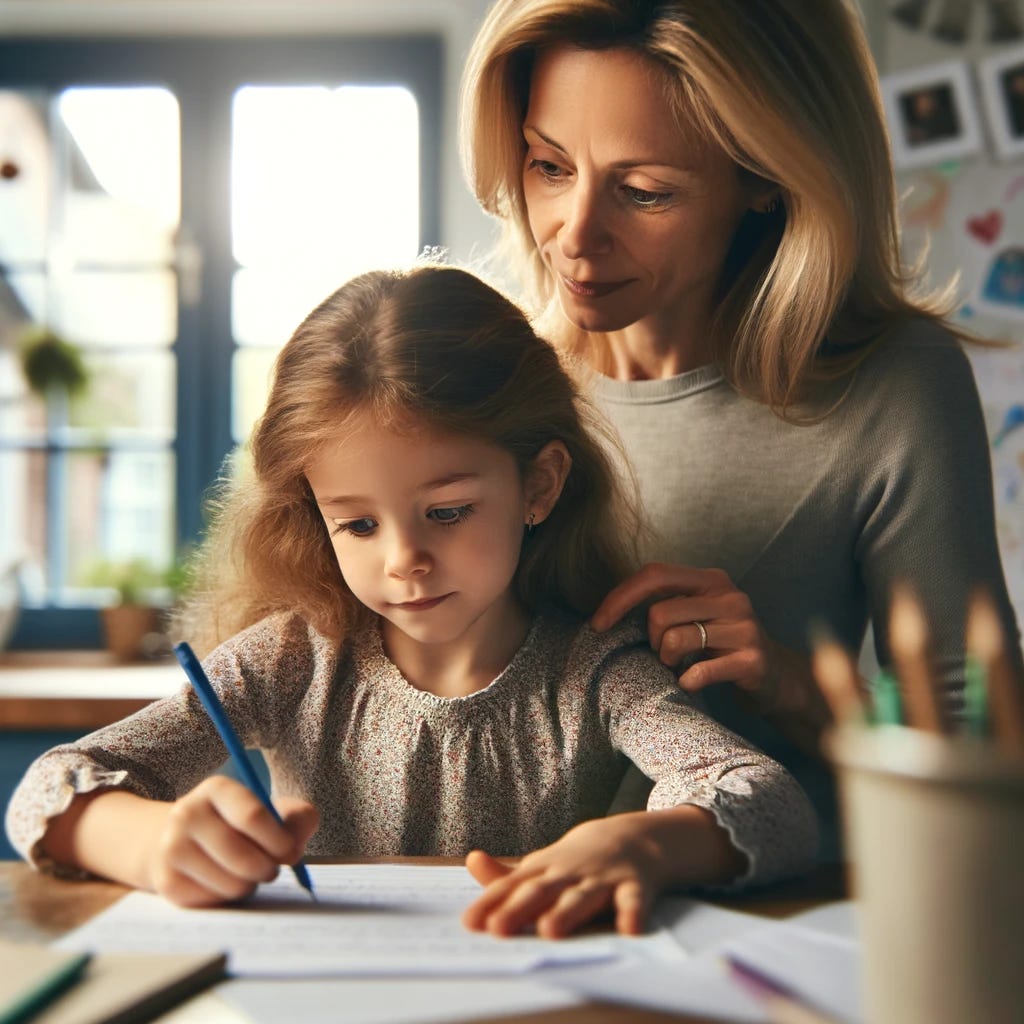 A heartwarming scene of a 6-year-old girl writing a letter with the help of her mother. The girl, focused and determined, holds a pen in her small hands, carefully forming letters on a piece of paper. Her mother, sitting beside her at the kitchen table, gently guides her, pointing at the paper and offering words of encouragement. The mother's expression is one of pride and love, watching her daughter engage in the task with such earnestness. The kitchen is bright and welcoming, with drawings and family photos decorating the walls, creating a nurturing environment for learning and bonding. This image captures the beauty of a simple, everyday moment, highlighting the special bond between mother and daughter.