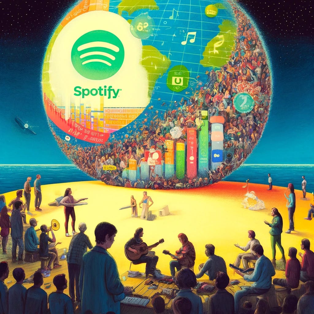 An illustration representing Spotify's dramatic growth and its impact on the music and artistic community. The scene should include a large, vibrant depiction of Spotify's interface with numbers showcasing its growth from 207 million to 615 million users. Include diverse groups of people, representing listeners around the world, interacting with various forms of media on the platform, including music and audiobooks. Additionally, depict a smaller, more subdued area illustrating songwriters and artists, possibly feeling the pressure of lower royalties. This contrast aims to reflect both the success and the challenges brought by Spotify's expansion.
