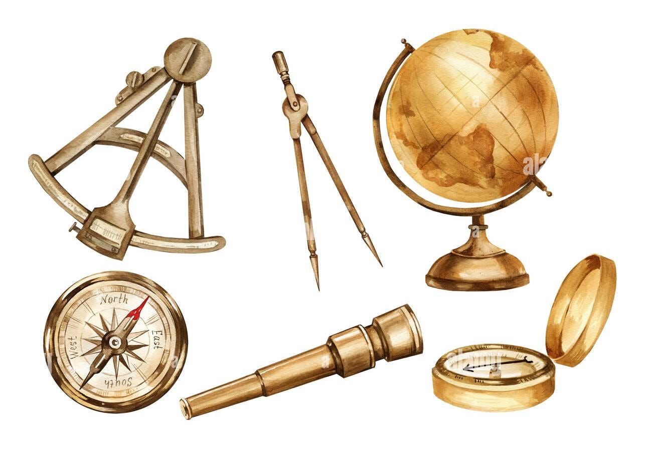 watercolor set of vintage nautical equipment, old brown globe of earth, navigation  tools, sextant, divider, sailor compass, metal spyglass, historical Stock  Photo - Alamy
