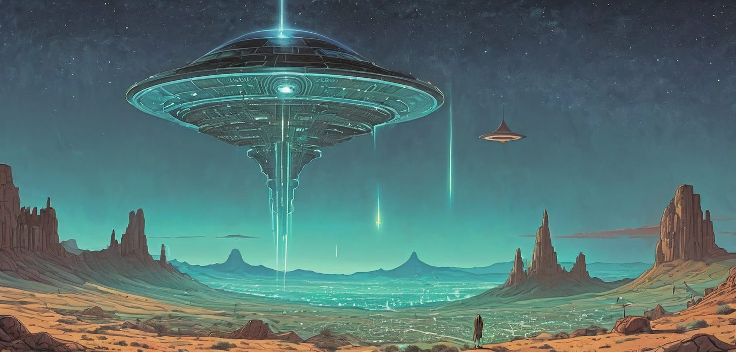 AI-generated image, Moebius style comic panel of a UFO landing in a desert
