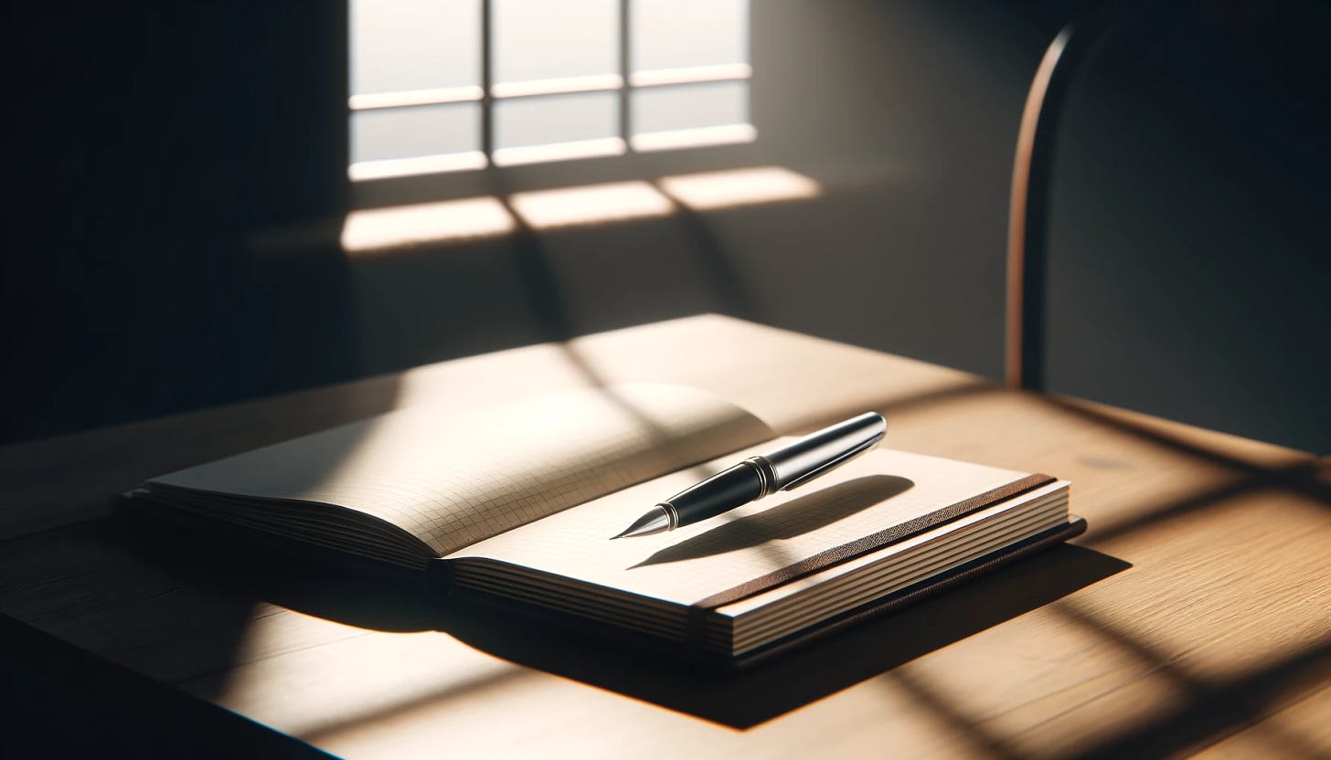 A minimalist and sophisticated design for a blog thumbnail inspired by a contemplative and philosophical diary entry. The image should depict an old diary open on a wooden desk, with a pen resting on it, and soft sunlight streaming through a nearby window, casting gentle shadows. The setting should convey a sense of introspection and the passage of time, with a clean and simple aesthetic in a 16:9 aspect ratio.