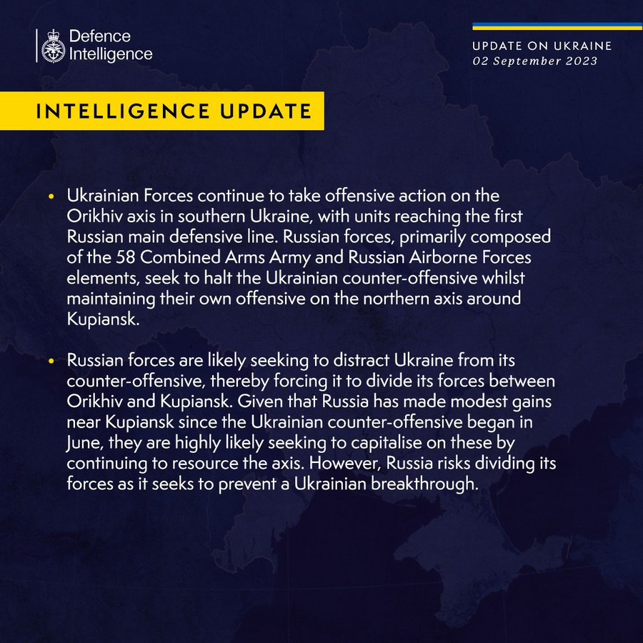 Latest Defence Intelligence update on the situation in Ukraine – 02 September 2023