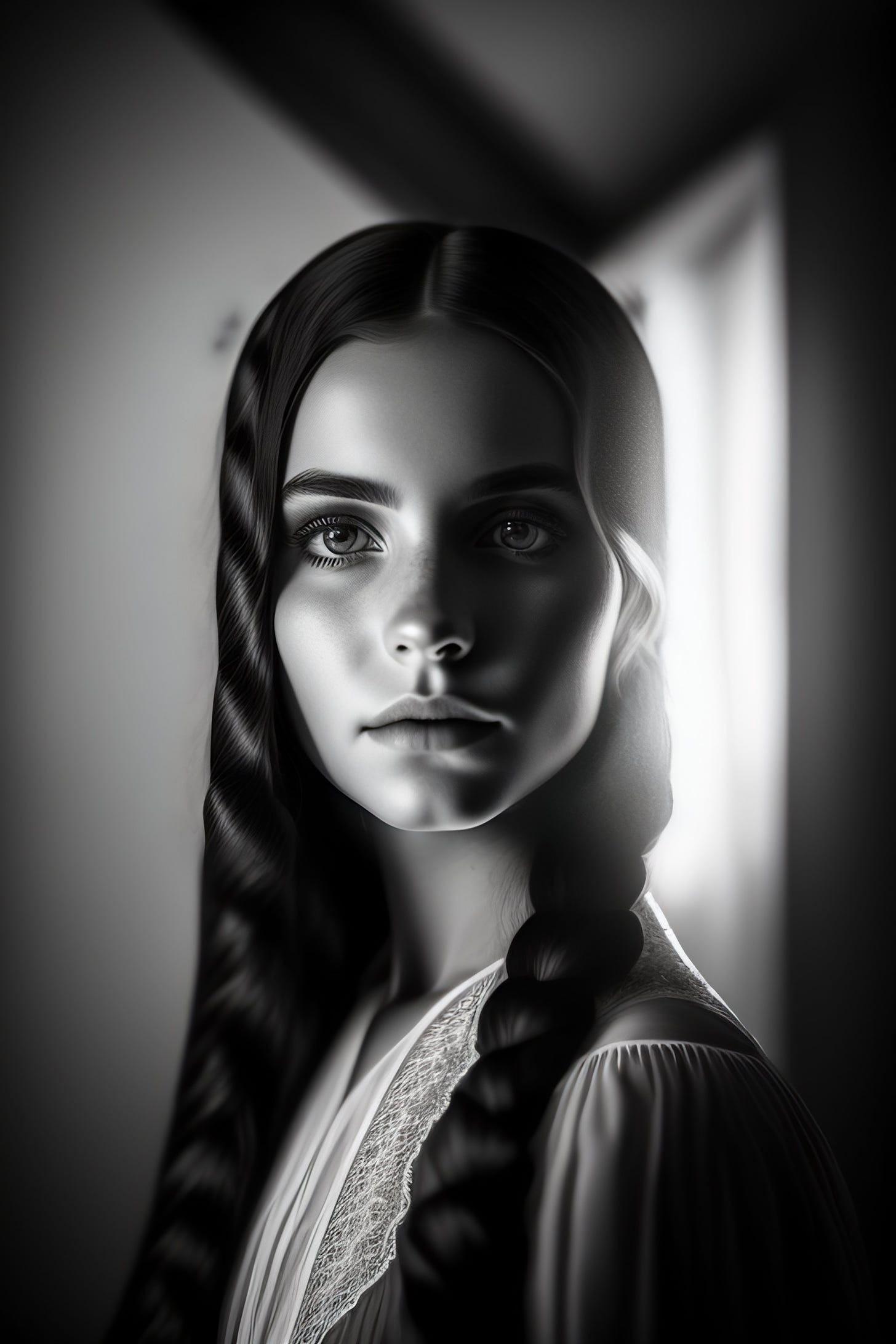 Lexica - Ghost girl in victorian house, black and white, volumetric  lighting, ultradetailed face, realistic portrait, gorgeous face, long  braided hai...