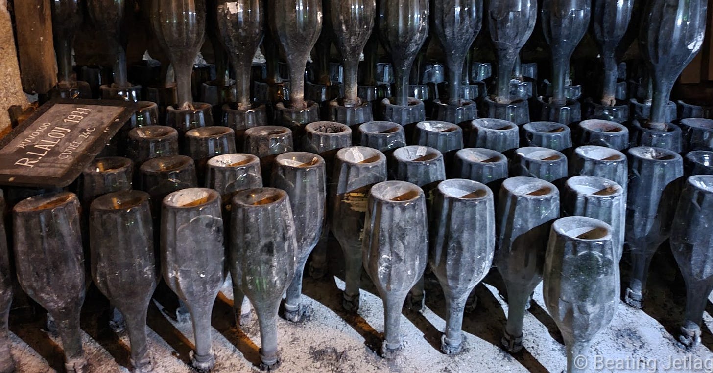 Old bottles of Champagne stored in a cellar in Champagne, France