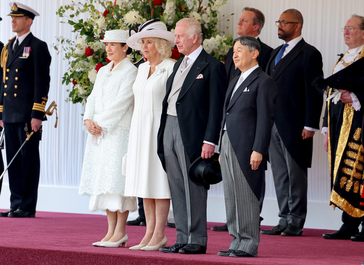 king charles and queen camilla welcomed Emperor Naruhito and Empress Masako at Horse Guards Parade