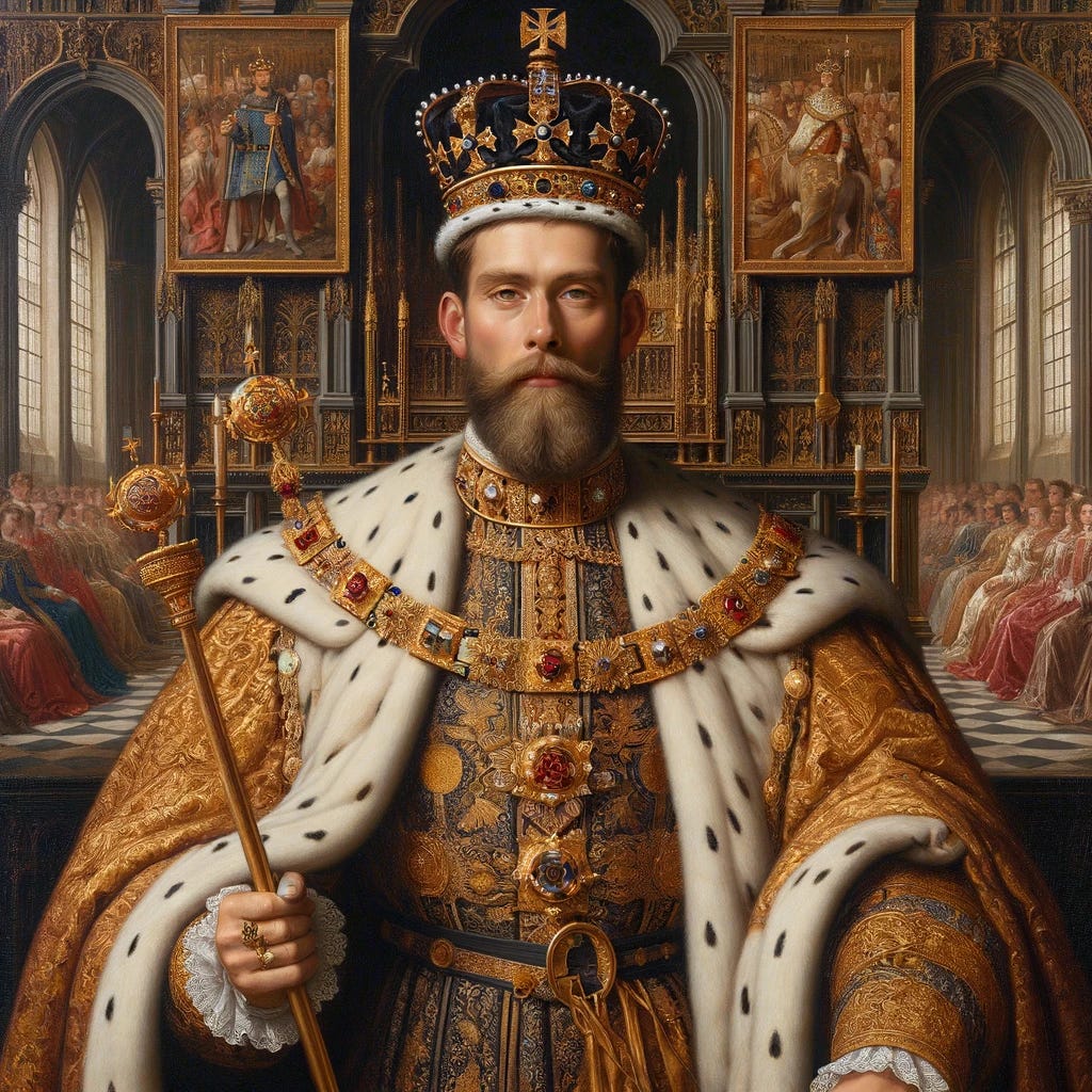 An oil painting of a medieval king resembling Henry IV, featuring a regal figure in opulent royal attire, wearing a luxurious crown and holding a scepter. The background showcases a grand throne room with intricate tapestries and ornate furnishings. The king's expression is dignified and authoritative, and his clothing includes a richly embroidered cloak, detailed with gold and precious stones. The painting style is reminiscent of classical European royal portraiture, with a focus on realism and grandeur.