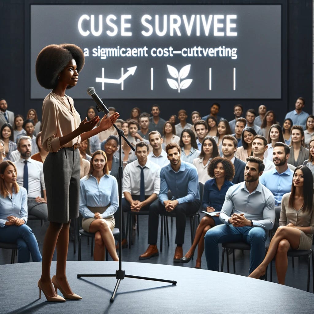 An inspiring image of a courageous entrepreneur giving a townhall speech to employees who survived a significant cost-cutting phase. The entrepreneur, a confident young Black woman, stands at the forefront, speaking into a microphone. She displays a sense of leadership and optimism. The audience consists of diverse employees, attentive and hopeful, symbolizing unity and resilience. The setting is a large office space or auditorium, with a projector screen displaying encouraging messages about the company's future. This scene conveys a message of hope and new beginnings after a challenging period.