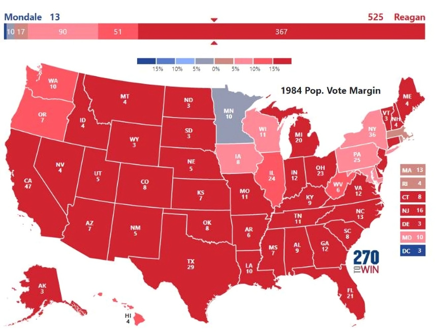 A map showing Ronald Reagan’s 1984 landslide victory over Walter Mondale, with only Minnesota and D.C. voting against Reagan.