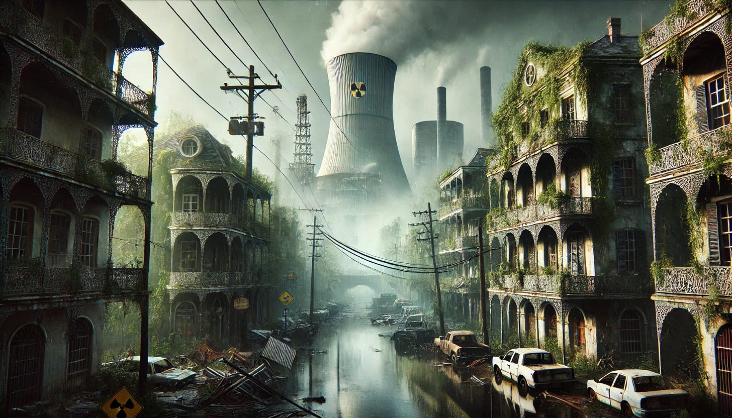 A cinematic, ultrarealistic depiction of a dystopian scene combining elements of Chernobyl and New Orleans. The image features iconic New Orleans architecture, like wrought-iron balconies and colonial-style houses, but these structures are overgrown with dense vegetation, moss, and vines, reminiscent of the Chernobyl Exclusion Zone. In the background, a large nuclear plant with cooling towers looms ominously, partially shrouded in mist and surrounded by decaying infrastructure. The streets are flooded with murky water reflecting a dim, eerie light, and the sky is overcast with a mix of green and grey hues. Broken power lines, abandoned cars, and scattered debris add to the apocalyptic atmosphere. The image is captured in a 16:9 aspect ratio for a wide, immersive view.