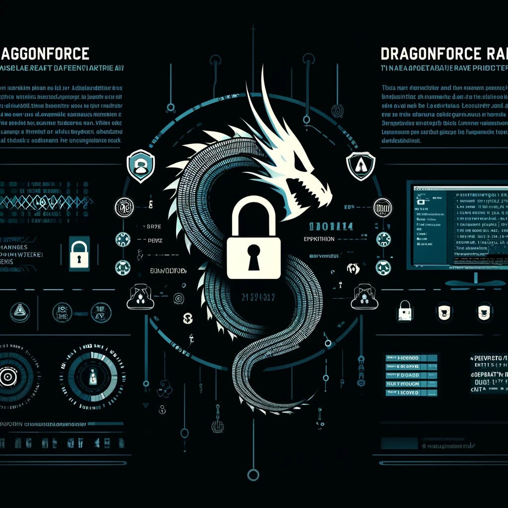 An informative graphic for a journalistic article about the connection between DragonForce ransomware and LOCKBIT Black ransomware. The graphic should feature two distinct sections. The first section displays elements of the LOCKBIT Black ransomware, such as a dark, ominous computer screen showing code and a padlock symbol to represent encryption. The second section should depict DragonForce ransomware, using similar elements but with distinct visual differences like a dragon motif intertwined with digital elements, symbolizing the new variant’s origin and tactics. Include visual cues like binary code, digital locks, and warning signs to represent the cyber threat and the leak of the ransomware builder. The style should be sleek and modern, with a color palette that uses dark shades to convey the serious nature of the cybersecurity threat.