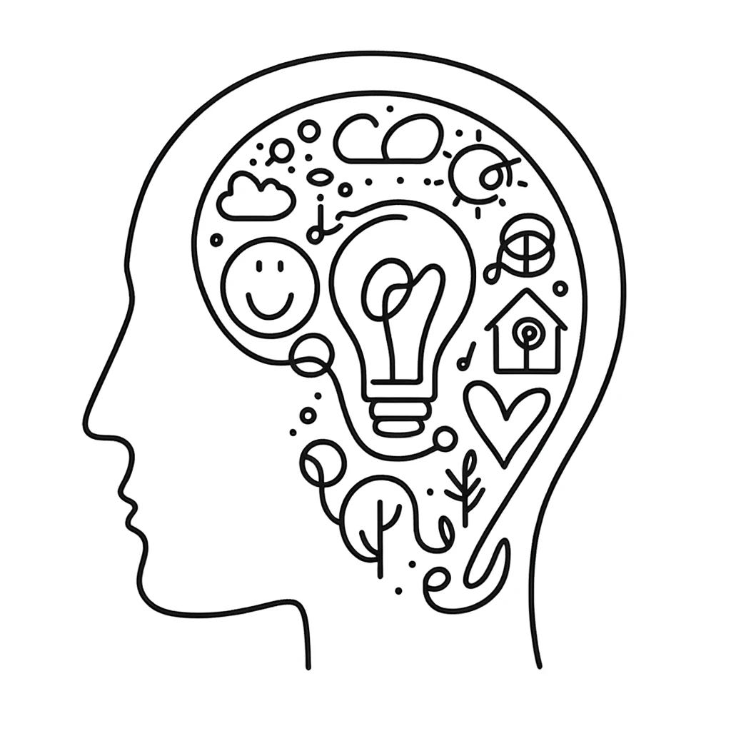 A naive single-line drawing of a head, simplistic and abstract, with a continuous line forming the outline. Inside the head, use the same continuous line style to depict a variety of random images representing different ideas. These images can include a light bulb, a heart, a musical note, a tree, a small house, and abstract shapes. The drawing should be minimalist, with no color or shading, emphasizing the simplicity and fluidity of the single-line technique.