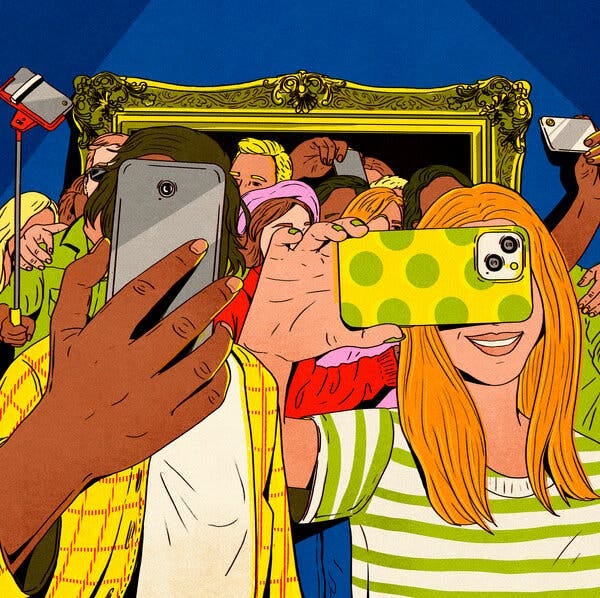 A brightly colored, cartoonlike illustration of a crowd taking selfies, their cameras obscuring both their faces as well as the large painting behind them.