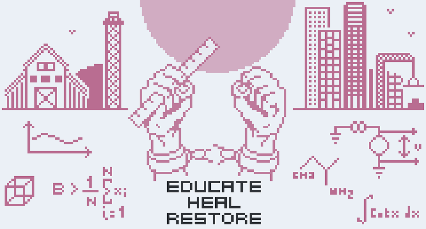 A pixel art image in the style of old worker propaganda posters with hands clenching a ruler in the center and breaking the chains of handcuffs, surrounded by a farmhouse, a city, and mathematical equations with the words Educate, Heal, Restore in the bottom center.