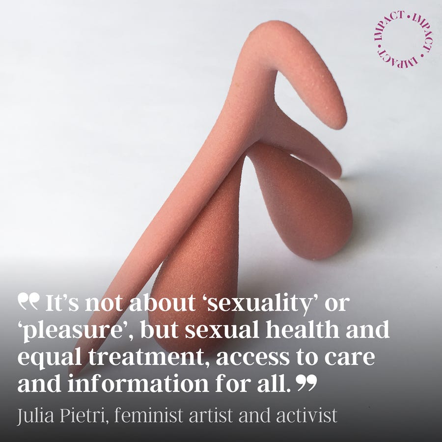 Image of a 3d-printed model of a clitoris with the text over the image: it's not about 'sexuality' or 'pelasure', but sexual health and equal treatment, access to care and information for all