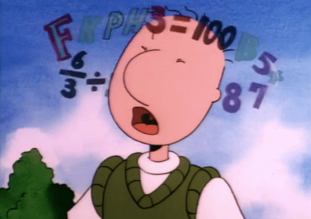 An image from the cartoon Doug where Doug has a stressed out expression as mathematical equations swirl around his head. Doug is drawn with four individual hairs and a large nose, wearing a white shirt and a green sweater vest.