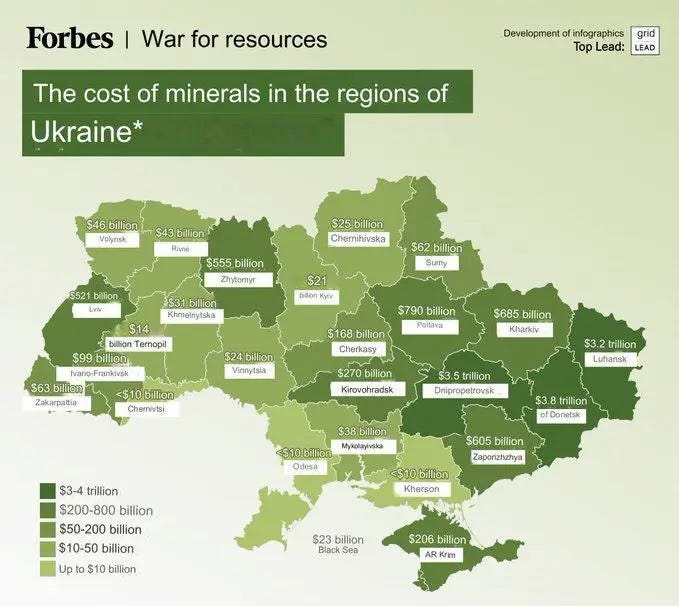 Forbes magazine published a map of the value of natural resources in Ukraine and part of Russia