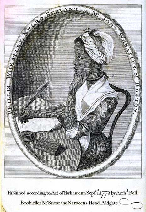 Printed engraving of Phillis Wheatley, seated at a desk writing with quill on parchment, from left.