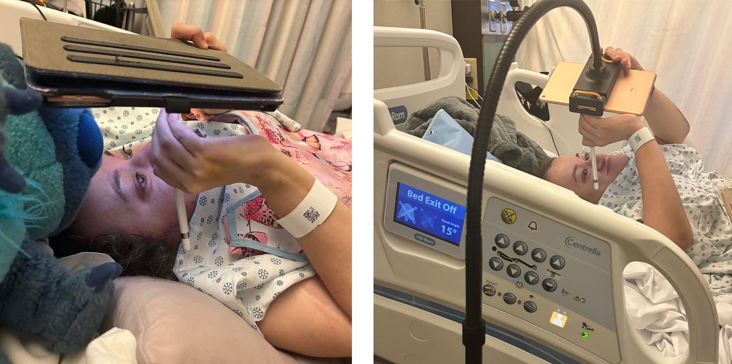 Left photo shows Athena drawing on her iPad while lying on her back with it balanced precariously over her face using a stuffed animal. Right photo has Athena drawing on her back while the iPad is held over her hospital bed by a sturdy, curved black stand.