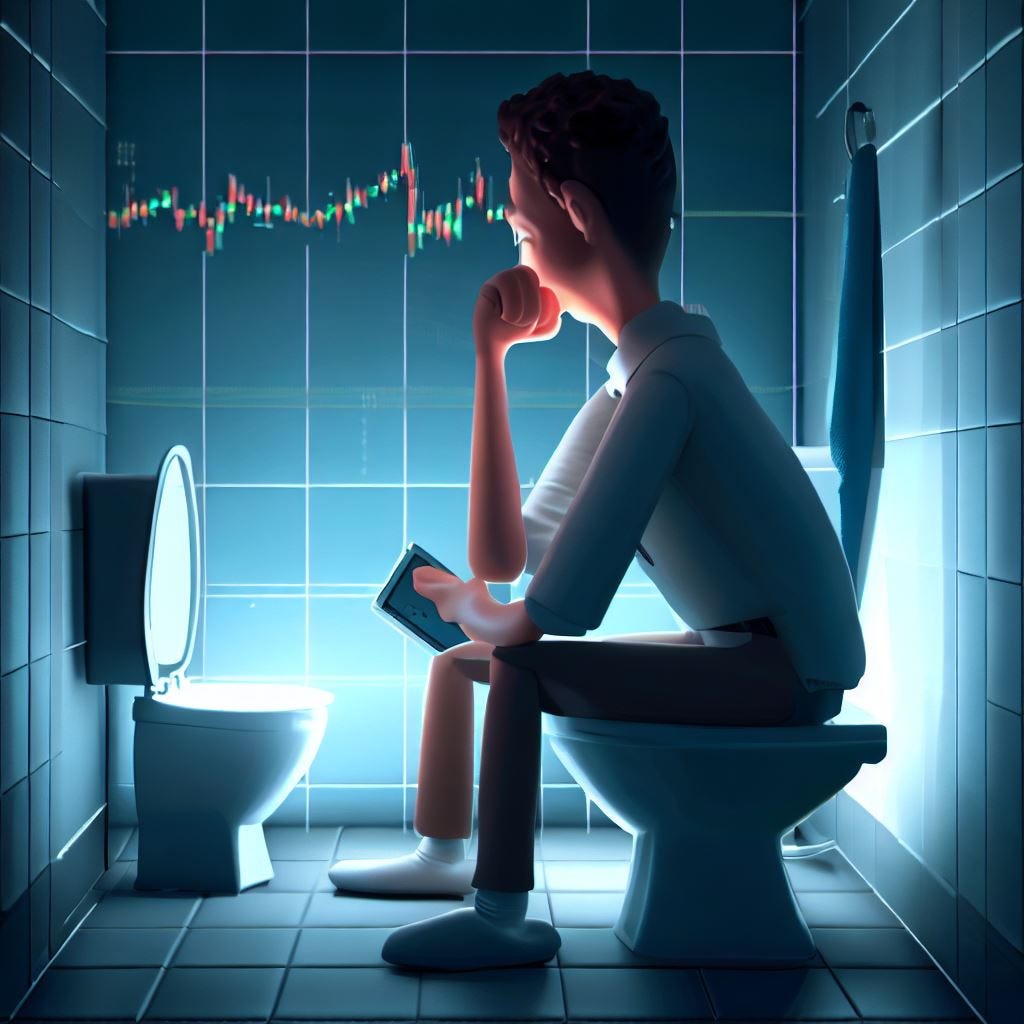 I've Lost All Interest in Crypto. When Was the Last Time That Happened? Trader siting on the toiled checking out charts and the price of bitcoin.