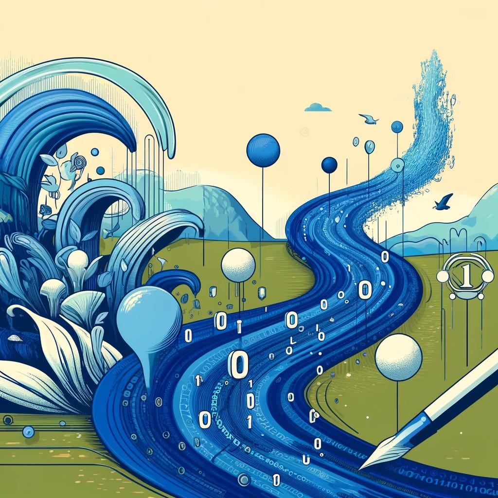 A creative illustration representing the challenges of bioinformatics, visualizing a massive flow of data as an intricate, flowing river made of binary code, with abstract shapes representing advanced tools and algorithms. The scene is rendered in a storybook illustration style with curved lines, using a palette of blue (#2D6DF6), dark blue (#0033A0), white (#FFFFFF), teal (#00AEC7), and yellow (#E3E829). The illustration should inspire focus and curiosity, using advertising techniques to engage the viewer, without any text.