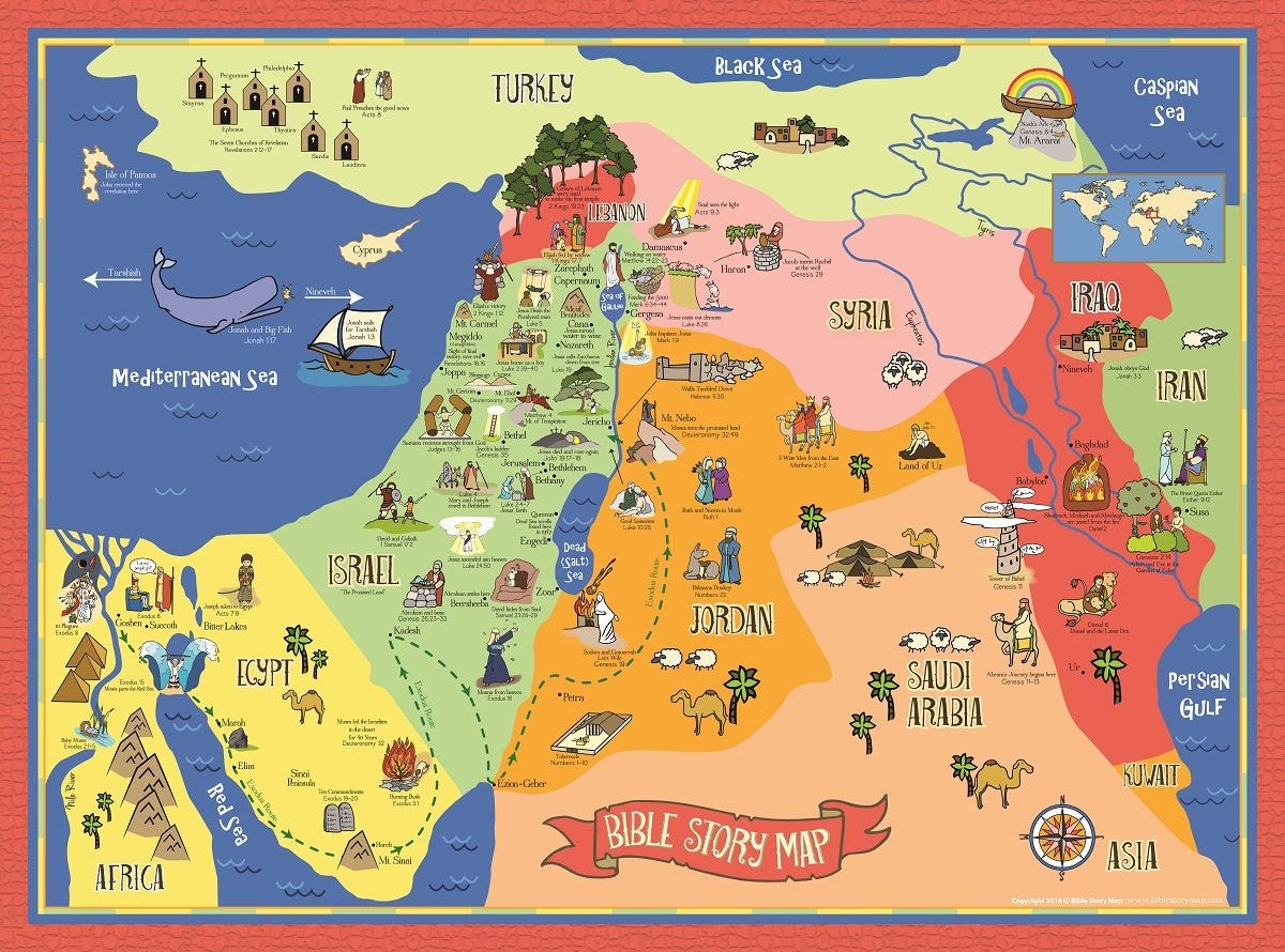 A colorful "children's" map showeing Bible stories and their various locations across Egypt, Israel, Turkey Jordan, Syria, Saudi Arabia, Iran, Iraq, and Lebann