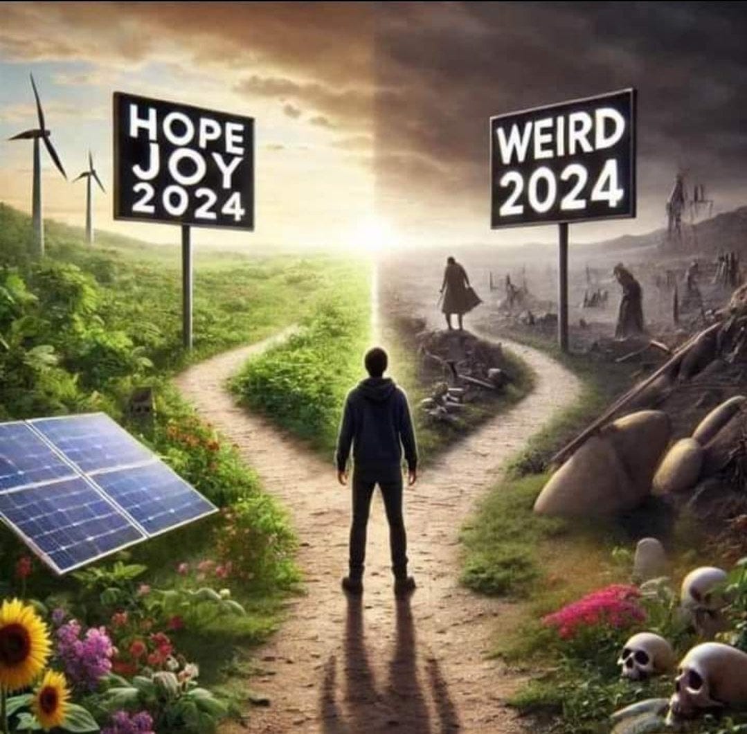 Person stands facing two paths. On the left is a sign that says Hope Joy 2024., surrounded by green plants, colorful flowers, blue skies, solar panels. On the right, a sign says WEIRD 2024 surrounded by bleak devastation.