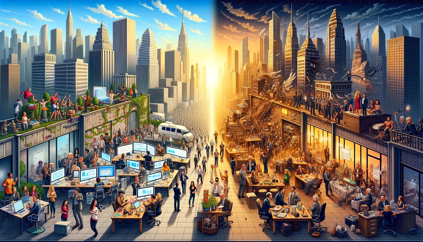 A wide, detailed illustration depicting the evolution of startup companies with a focus on an even more thriving scene on the left side. On the left, show extremely vibrant and successful startup companies with entrepreneurs of various descents (Hispanic, Black, South Asian, Caucasian) in an exceptionally modern and luxurious office. Include elements like advanced technology, a bustling environment with lots of activity and energy, celebratory moments like raising a toast or award ceremonies, and signs of prosperity like high-end furniture and artwork. The right side should still depict outdated, abandoned offices with cobwebs, dusty old technology, and faded company logos, symbolizing companies that became irrelevant. The central area should emphasize the stark contrast between the highly thriving startups on the left and the obsolete ones on the right.