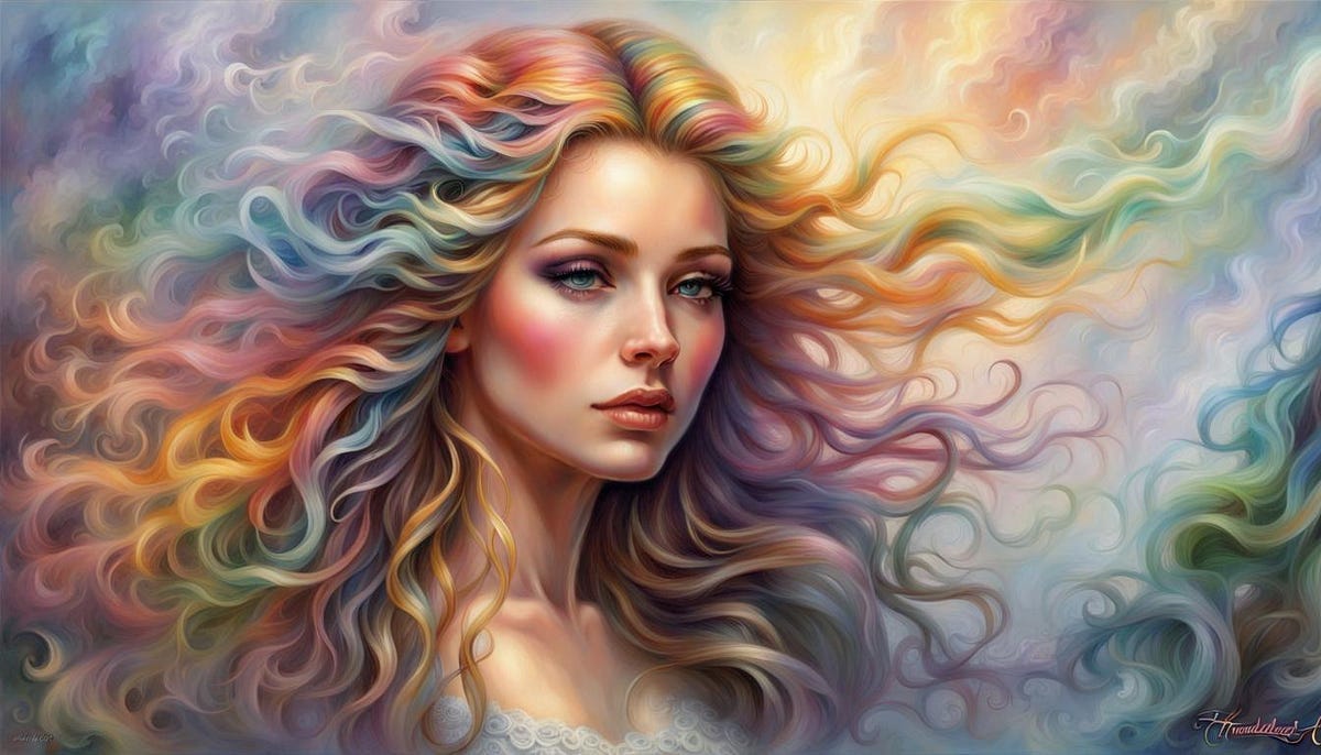 Beautiful woman with long flowing multi-coloured hair