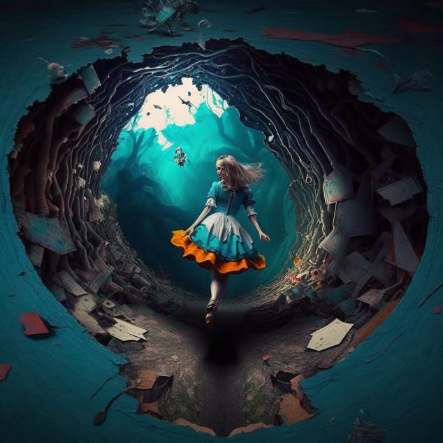 Alice falling down the rabbit hole to Wonderland, very vibrant, dynamic, somewhat surreal.