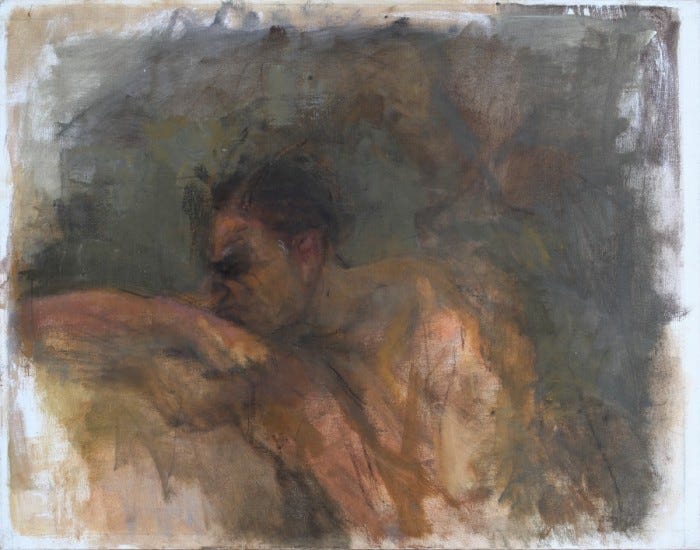 A study for the larger painting, a detail of Jupiter's brooding head and upper body rendered in near abstraction with gestural brush strokes.