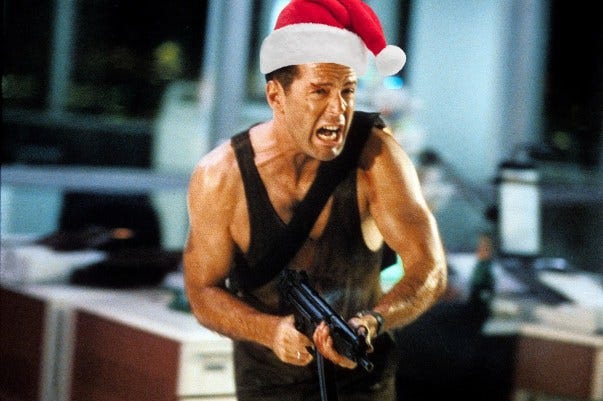 john mcclane machine gun and santa hat - Psychedelic Doilies