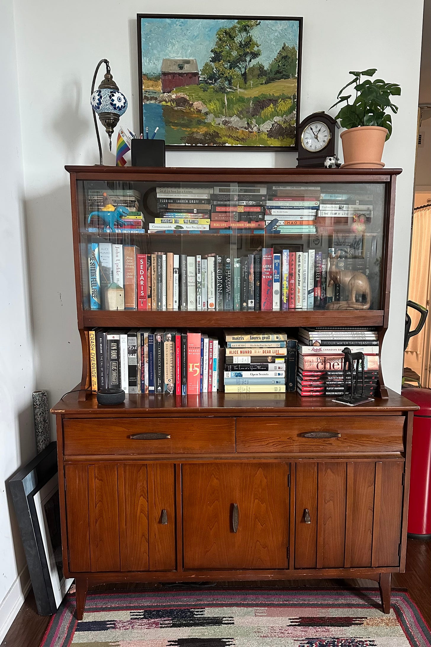 photo of my new cabinet. kind of mcm vibes and lots of books