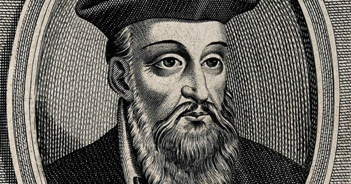 Ilustração em preto e branco do profeta Nostradamus.