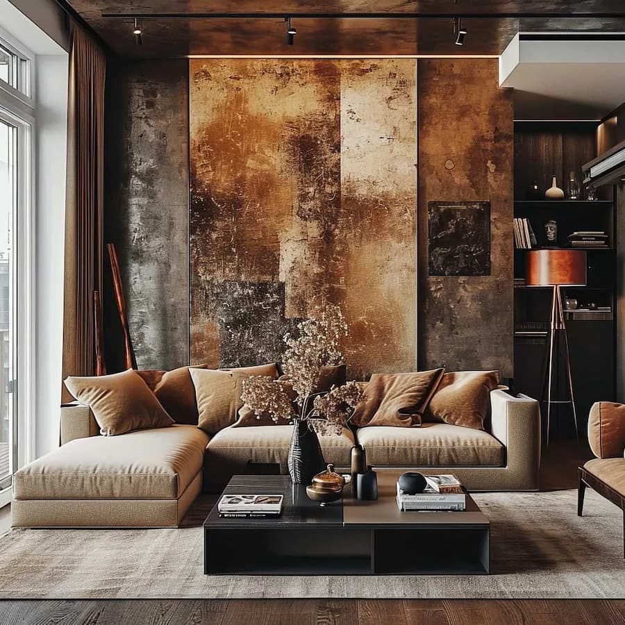 living room with large brown and gold artwork on the wall