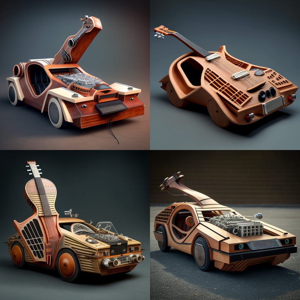 4 futuristic cars that look like they are made out of guitars, AI Art