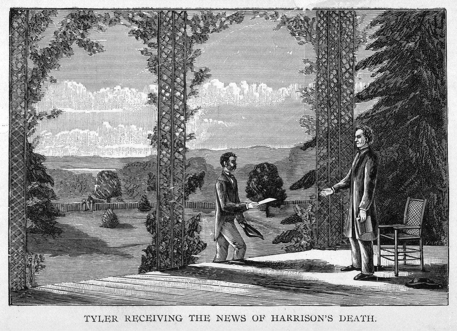 Depiction of Tyler receiving word of Harrison's death.