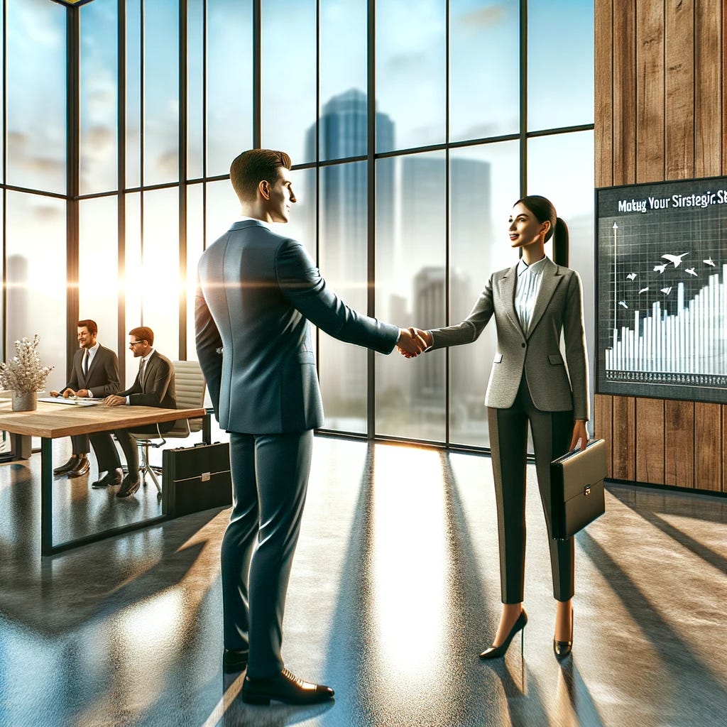 A professional, engaging scene illustrating the concept of 'Making Your First Strategic Sales Leader Hire'. The setting is an upscale, modern office environment. In the foreground, a business executive, dressed smartly in a suit, extends a handshake towards another confident individual who is also smartly dressed, symbolizing the act of hiring. The background features a spacious, well-lit office space with glass walls, a large wooden desk, and a digital display showing sales graphs and strategic plans. The atmosphere is positive and hopeful, with natural light streaming in from large windows. The scene represents a pivotal moment in a company's growth, emphasizing leadership, strategy, and partnership.