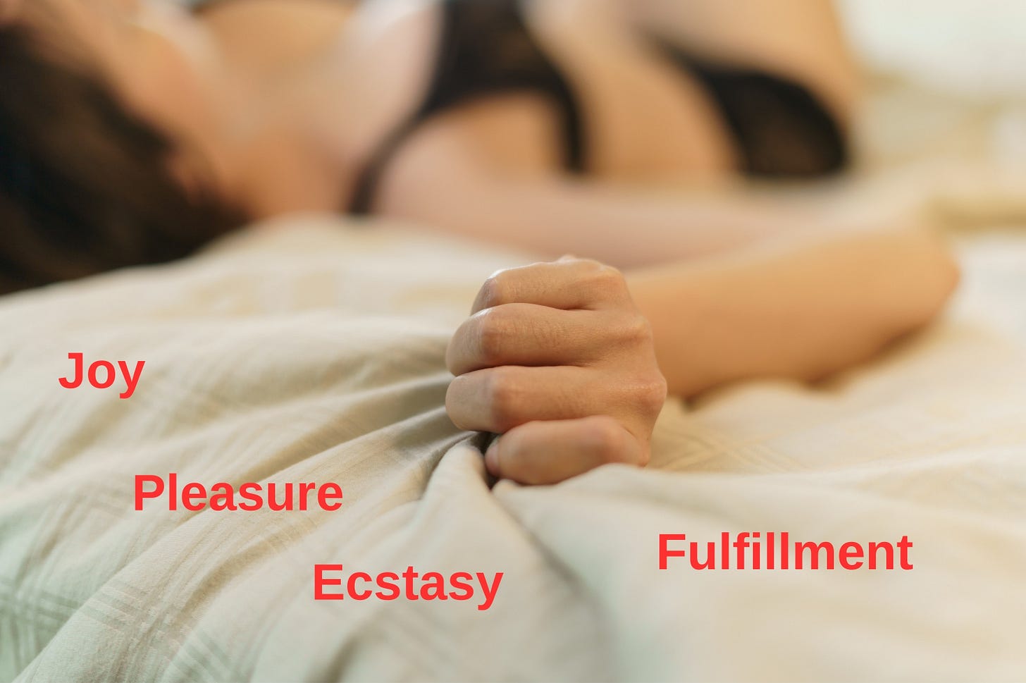 Blurred photo of woman on bed experienced physical pleasure surrounded by the words joy, pleasure, ecstasy, and fulfillment.