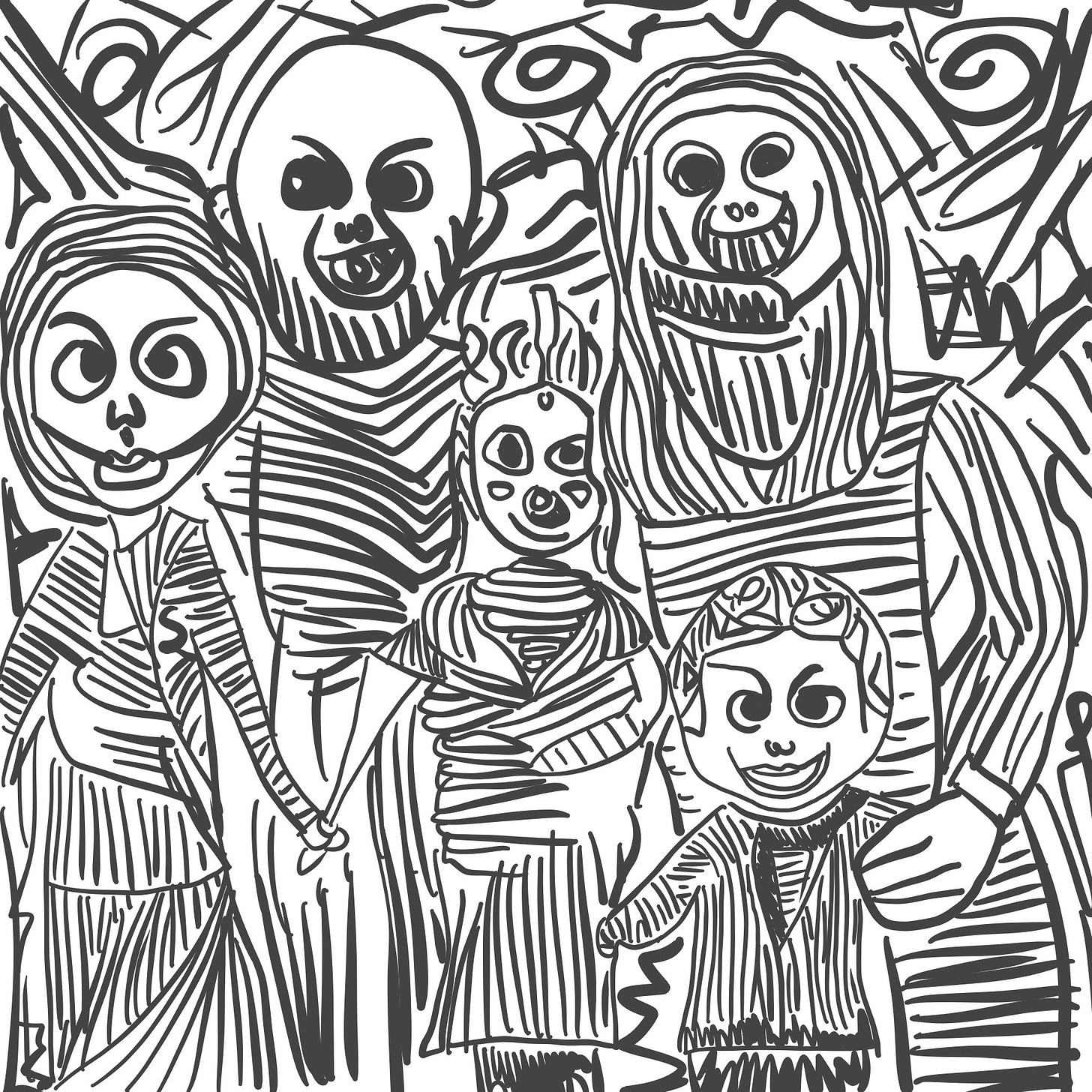 desenho de uma família assustadora reunida feita com traços infantis