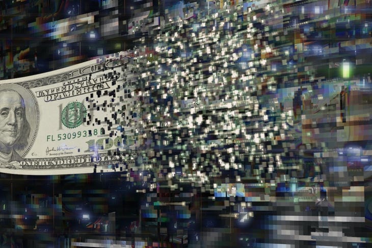dollar bill exploding into pixels