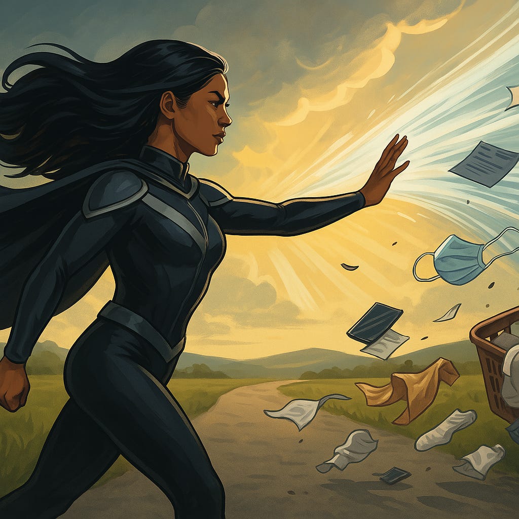 A confident superhero Filipina inspired by Storm from the X-Men, seen from the side view walking forward on an outdoor path with a steady pace. She has long, flowing hair and is dressed in a sleek, modern superhero costume with a cape billowing behind her. With one outstretched hand, she generates a powerful stream of wind that effortlessly blows away obstacles from life, such as sickness masks, scattered paperwork, and dirty laundry and leaving a clean path behind. The background features light rays breaking through the clouds, symbolizing a better day ahead.