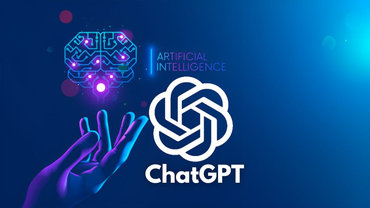 ChatGPT logo in white, below the words "ARTIFICIAL INTELLIGENCE," with a stylized brain floating above a hand to the left, all on a blue gradated background. The whole thing is a ChatGPT logo.