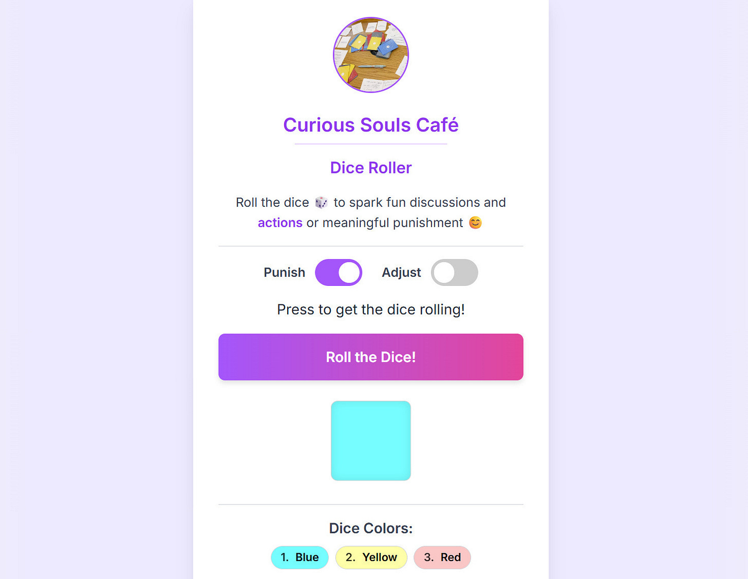 The main interface of the virtual dice roller with the Punish toggle.