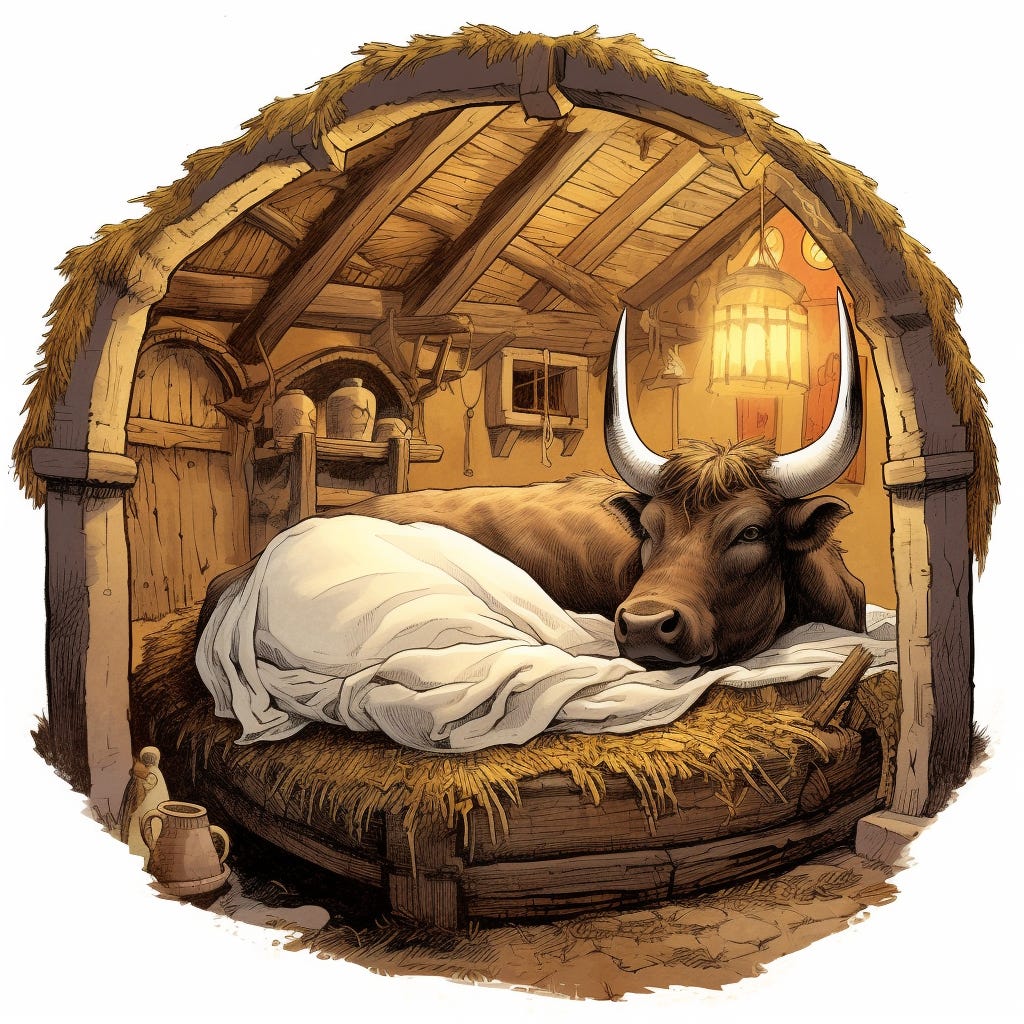 A bull sleeping in a bed of straw inside a beautiful stable.