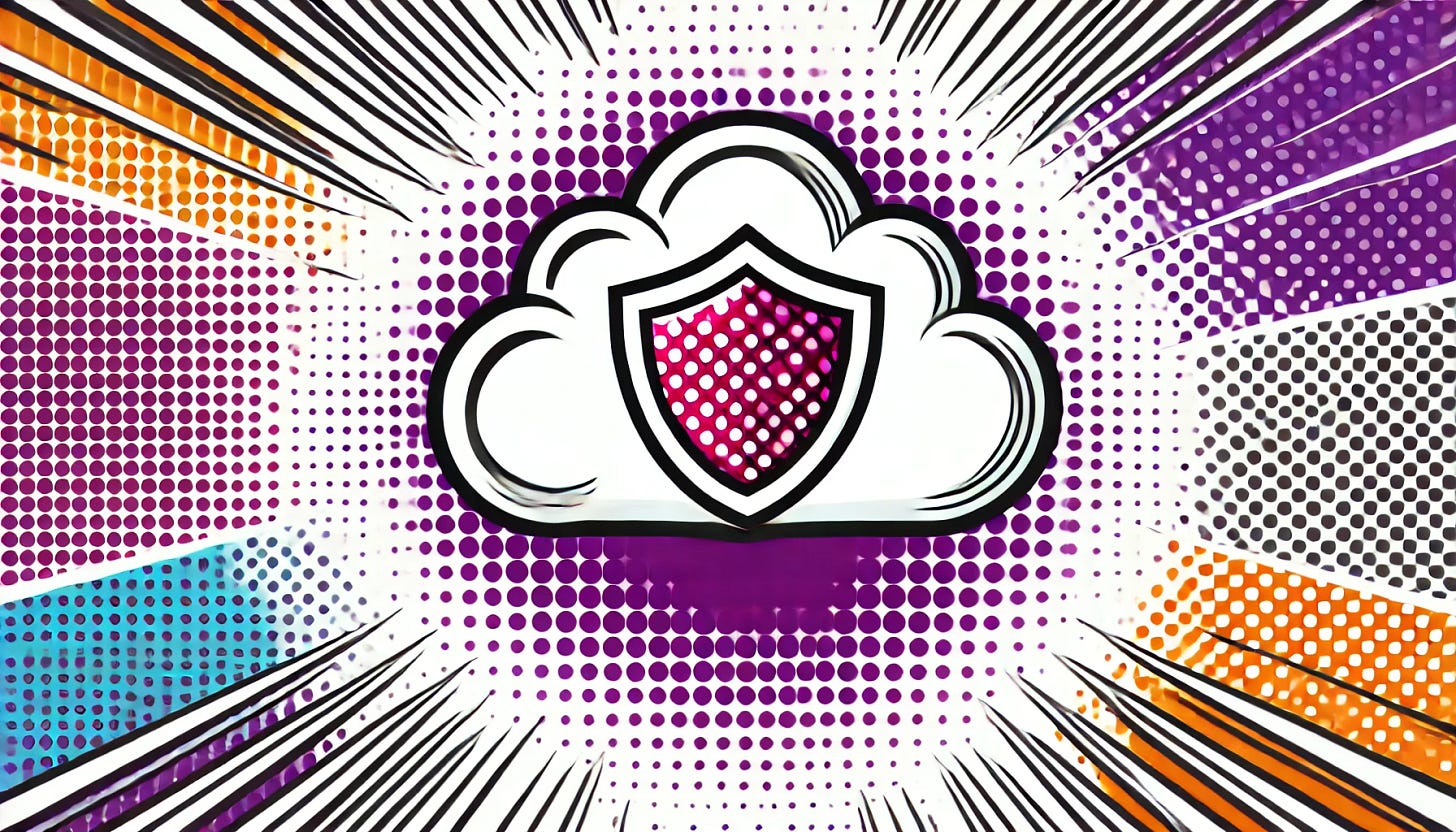A pop art style illustration depicting a cloud with a shield in front of it. The color palette is restricted to bright purple, bright orange, black, and white, with a white background. The design is clean and minimal, symbolizing cloud security and protection, with a simple and bold visual representation.