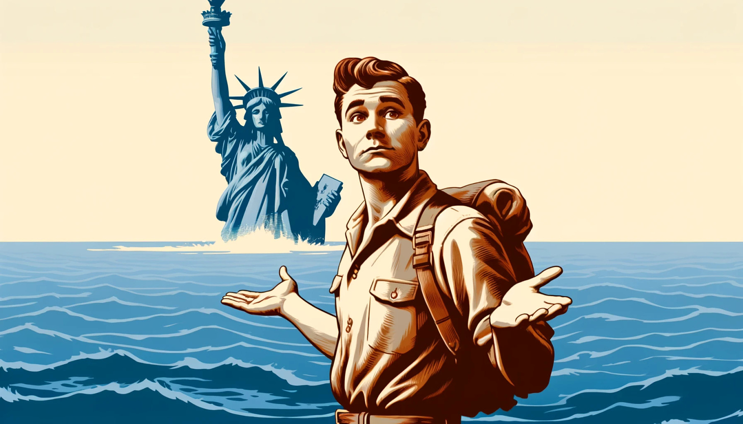 Wide image in the style of a National Park Service poster, featuring a man with brown hair in the foreground, shrugging his shoulders, looking away from the camera towards the ocean. In the ocean, there is a half-submerged Statue of Liberty. The drawing should mimic the iconic, vintage feel of National Park Service posters, with bold colors and stylized elements to convey the scene.