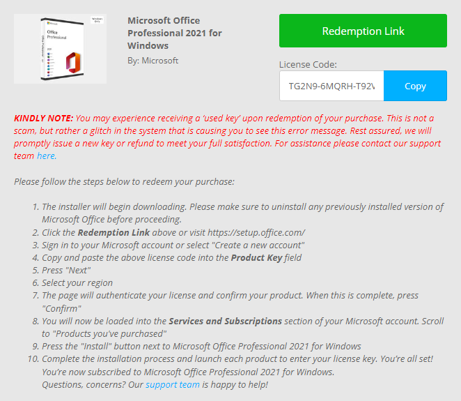 Screenshot of a purchase page for a copy of Microsoft Office Professional 2021, with a big red block of text at the top that includes the words "This is not a scam."