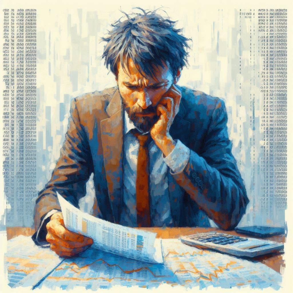 A man in business casual frowning and looking frumpy at a spreadsheet, impressionism