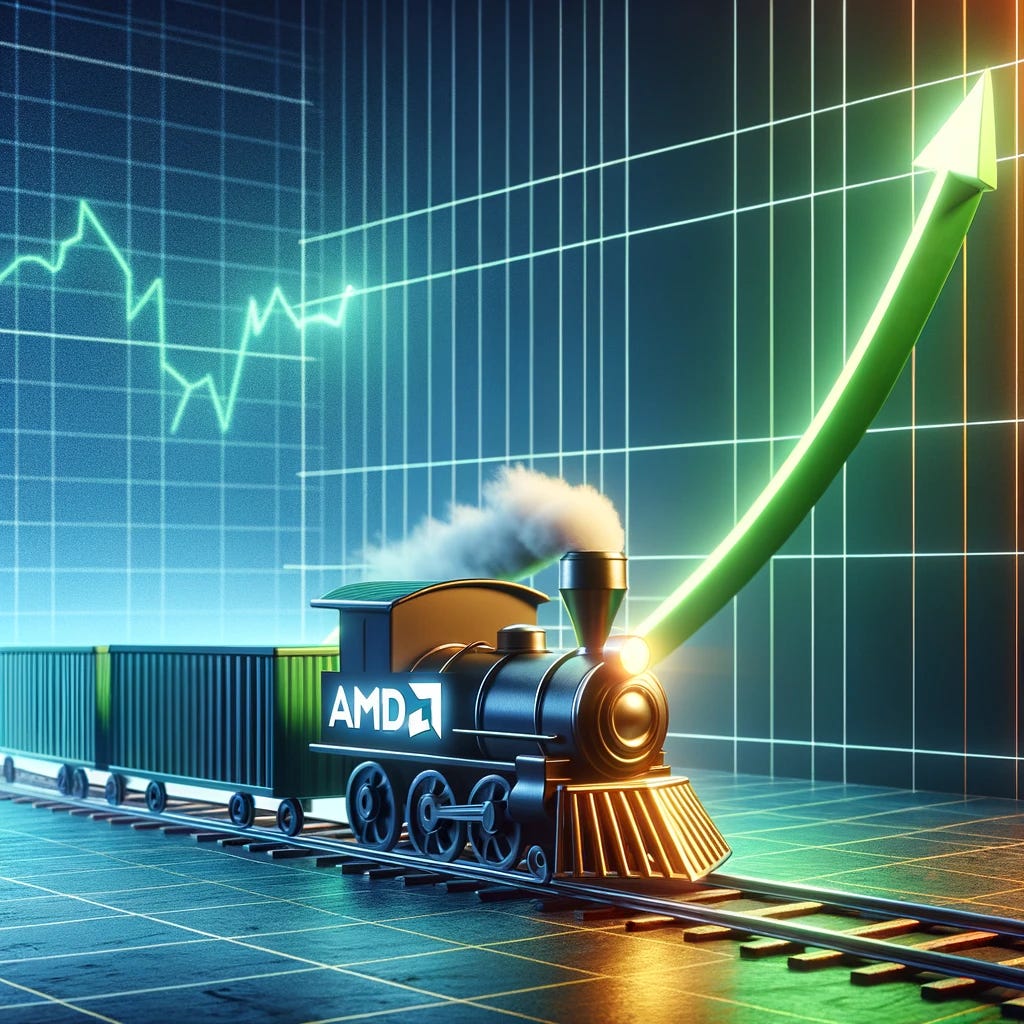 A dynamic and whimsical image depicting a stock price chart with an upward trajectory, and the AMD logo riding a train that is ascending along the chart's rising line. The scene captures a sense of financial success and growth, with the AMD logo on the train symbolizing the company's positive performance. The chart is stylized to emphasize the dramatic increase in value, and the train adds a playful, imaginative element to the representation of financial achievement.